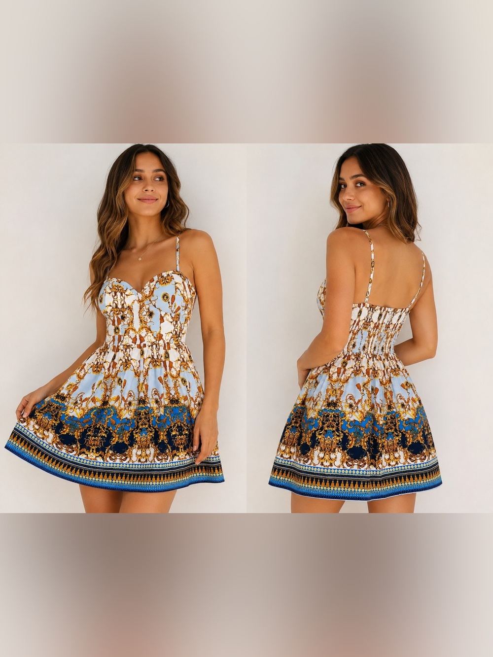 Derek Heart Blue Gold Baroque Mini Dress Size Small